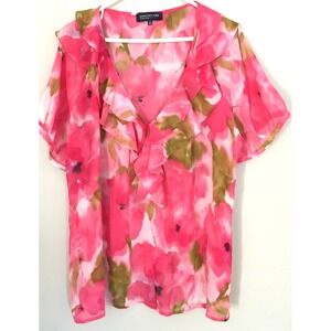 Jones New York Blouse Womens‎ 3X Pink Floral Sheer Ruffle V-Neck Short Sleeve